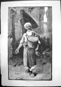 Old Antique Print A Sherbet Seller At Cairo Man Egypt Pot Can Turban 1884 19th