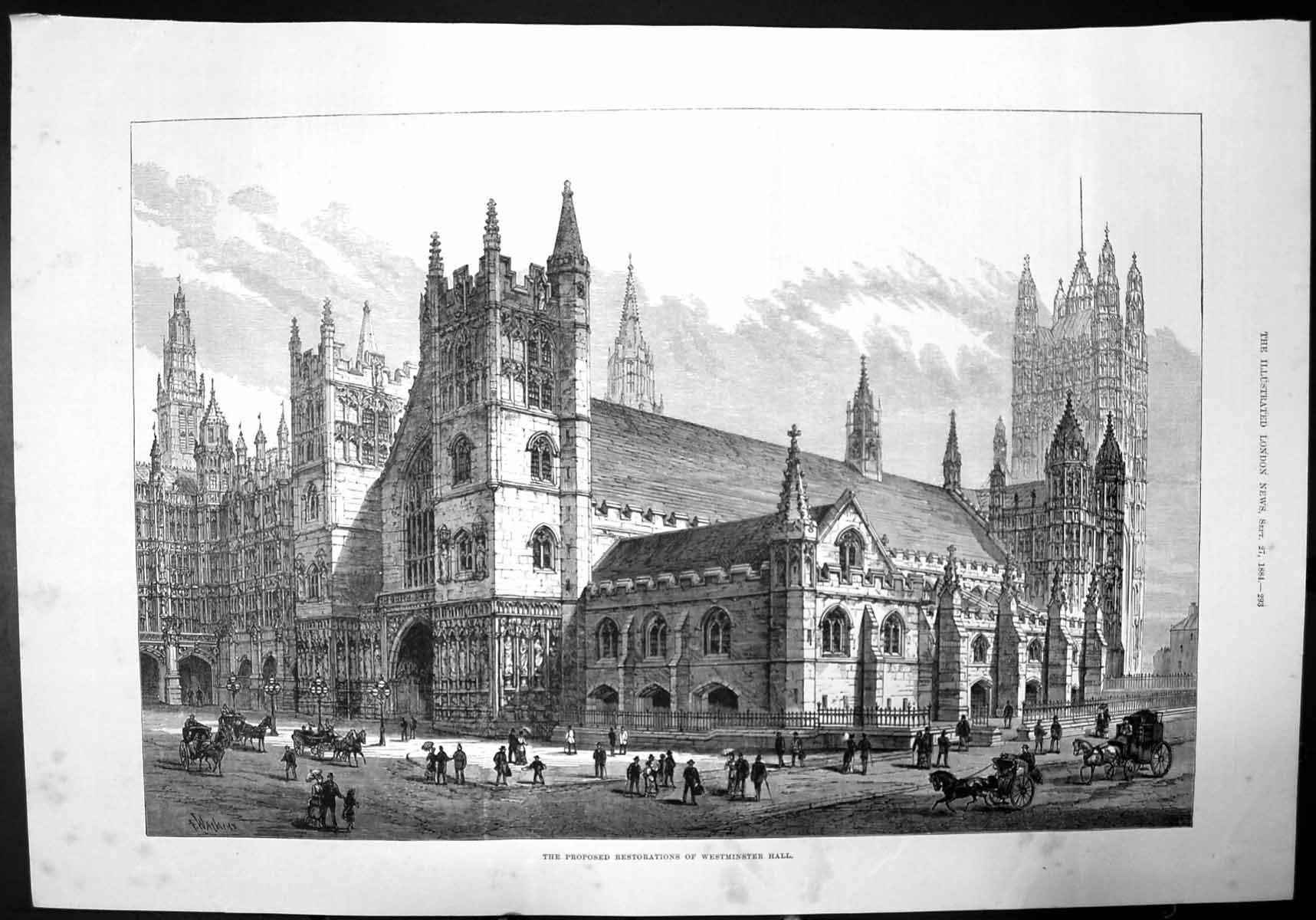 Antique Print The Proposed Restorations Westminster Hall London Sketch 1884