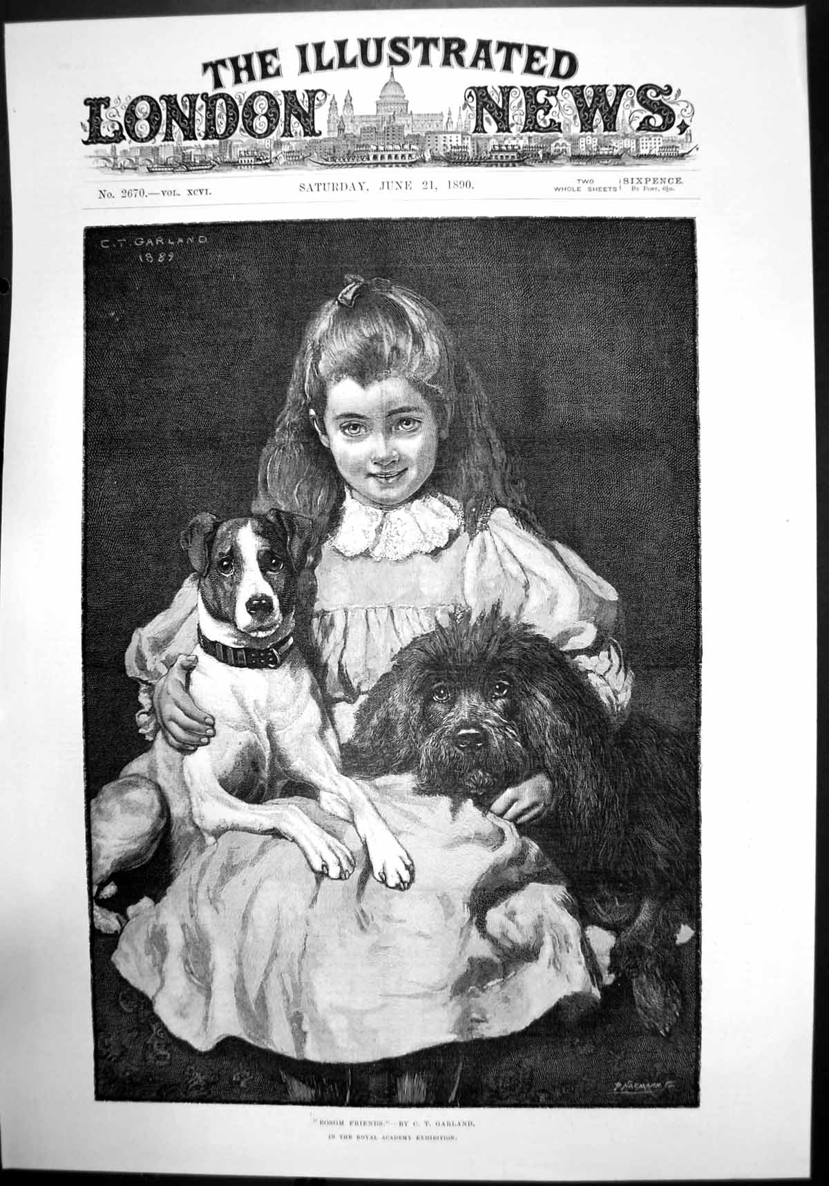 Antique Print Bosom Friends By Ct Garland Young Girl Dog Royal Academy 1890