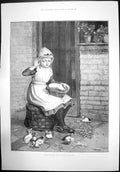 Old Print Ducks And Green Peas By Miss E Mitchell Girl Feeding Ducks 1890 19th