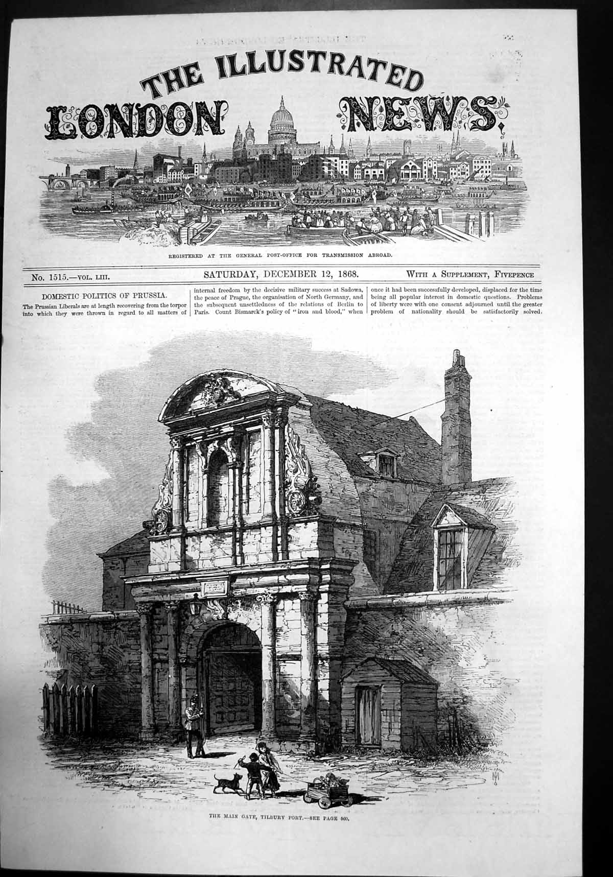 Antique Print The Main Gate Tilbury Fort 1868 Children Playing Dog Entrance