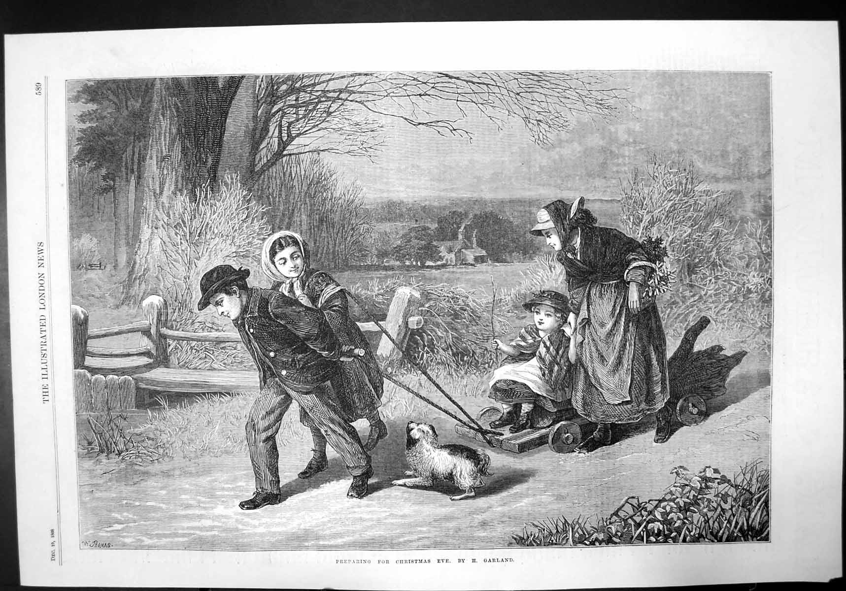 Old Preparing For Christmas Eve By H Garland 1868 Dog Cart Child Girl Victorian