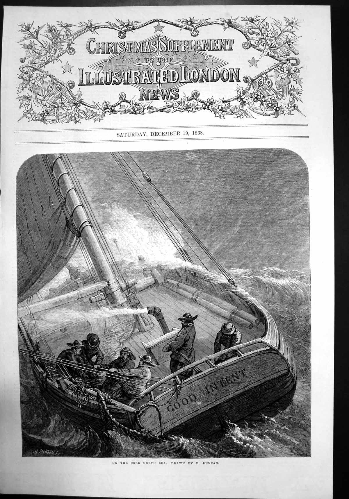 Antique Old Print On The CNorth Sea Drawn By E Duncan Good Intent Waves 1868
