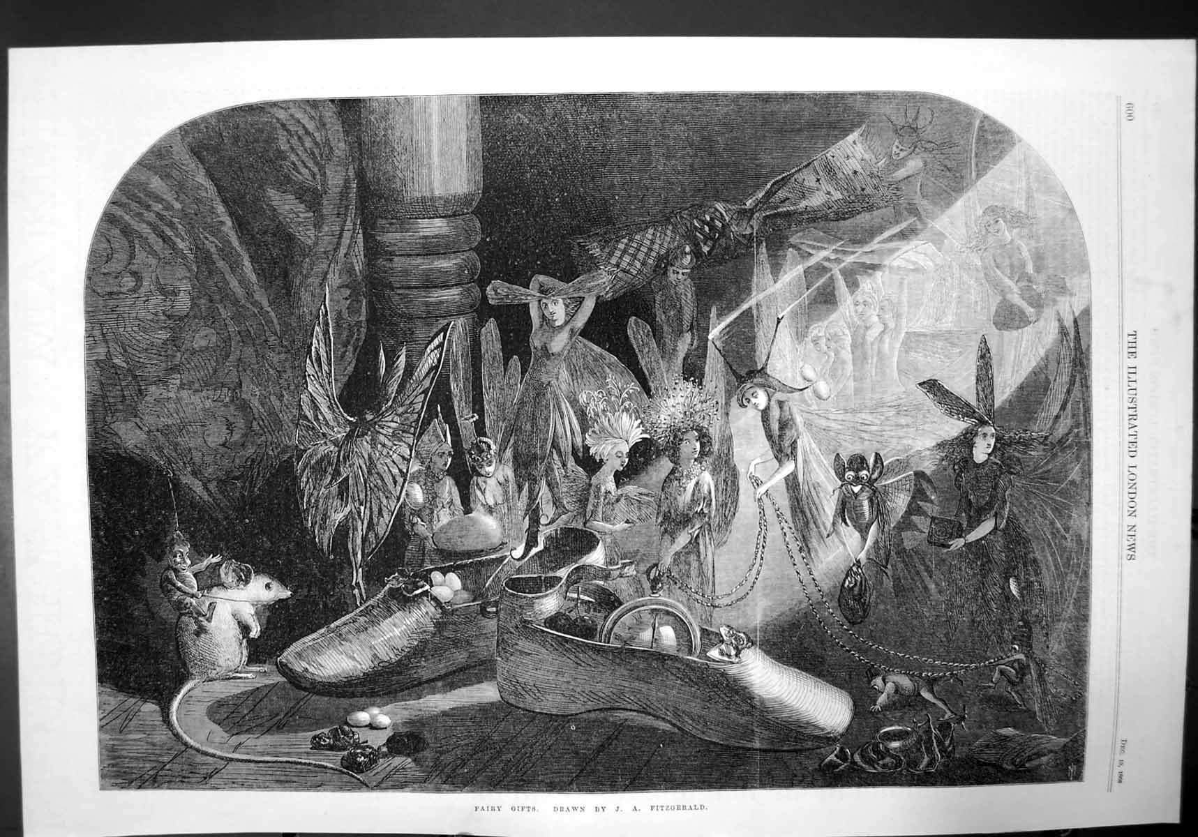 Antique Old Print Fairy Gifts Drawn By Ja Fitzgerald Mouse Fairies Shoes 1868
