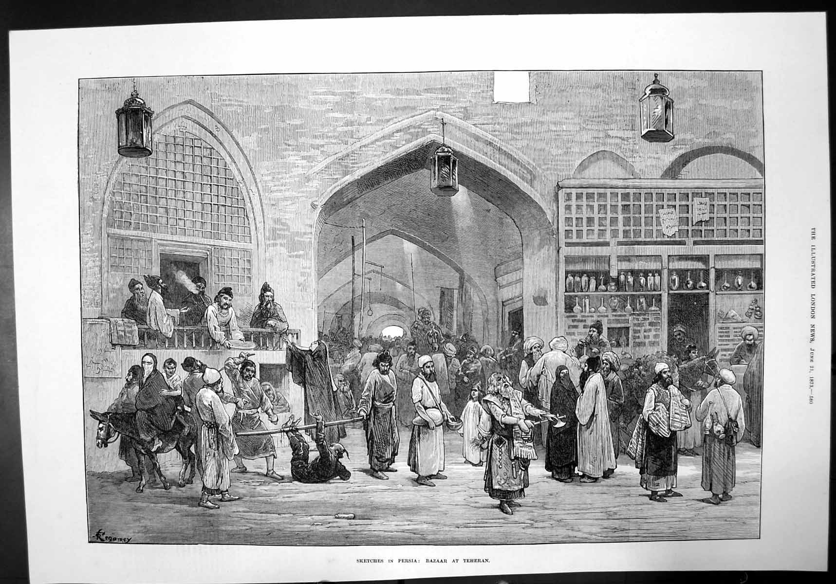 Old Sketches In Persia Bazaar At Teheran Iran Arabic Donkey Men 1873 Victorian