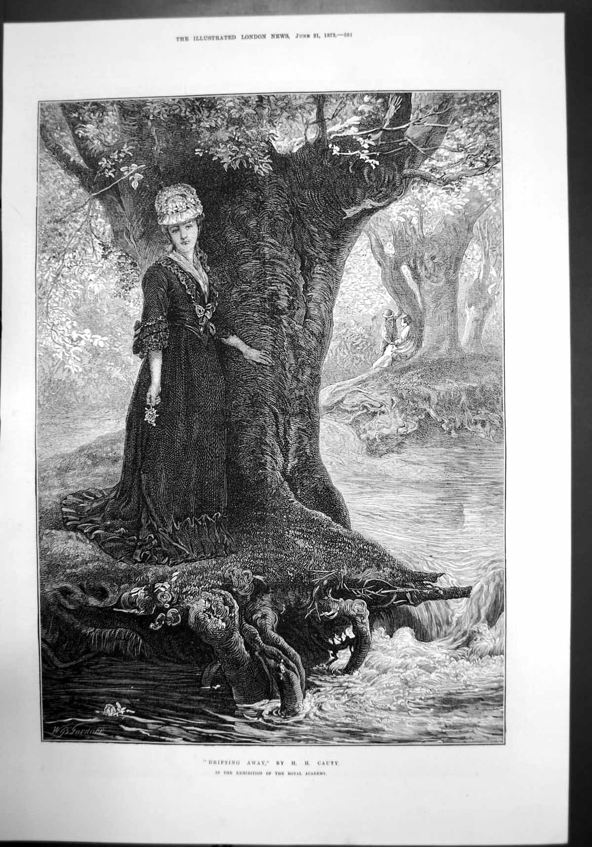 Old Print Drifting Away By Hh Cauty Tree River Sketch Royal Academy 1873 19th