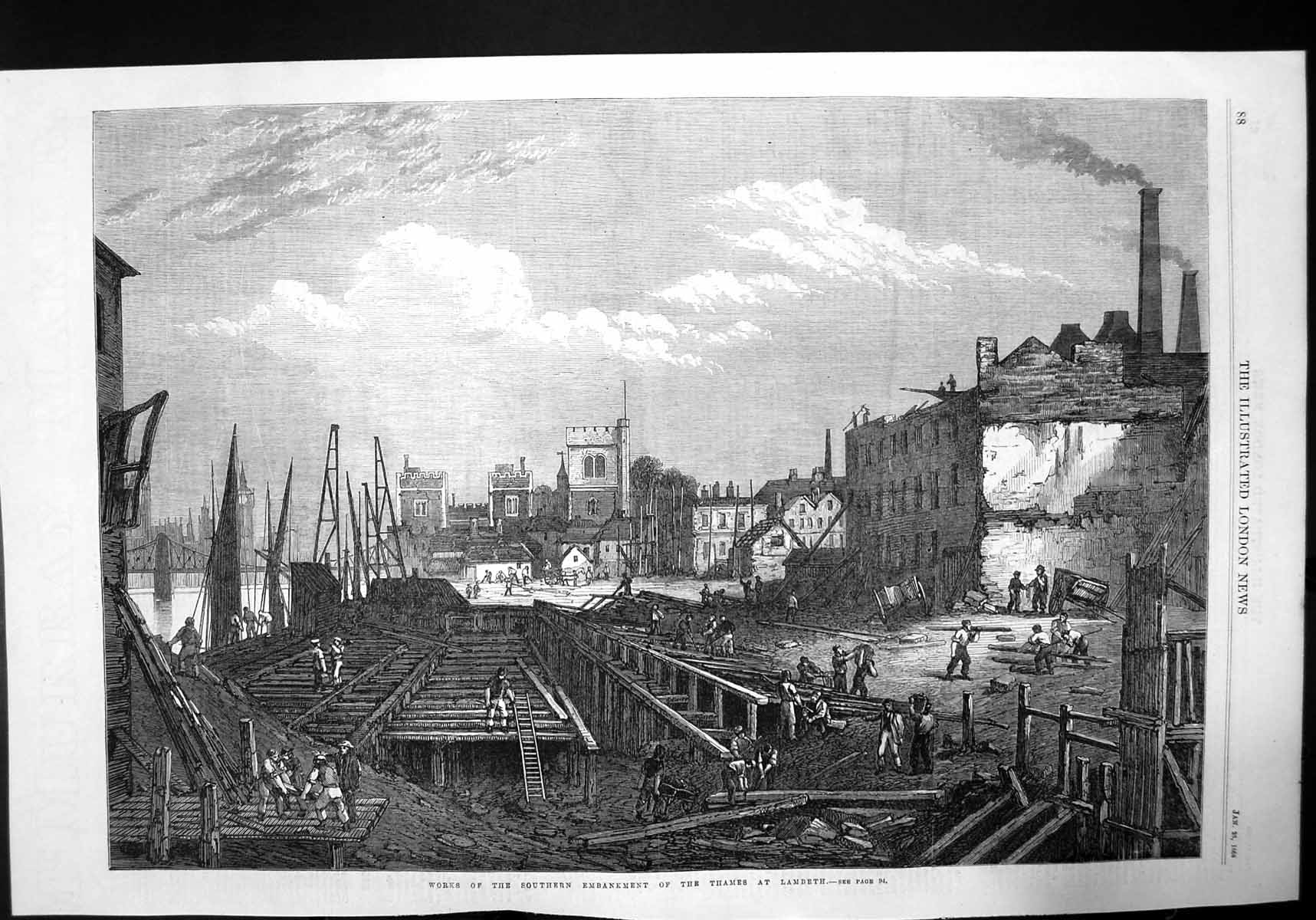 Antique Old Print Works The Southern Embankment The Thames At Lambeth 1868 19th