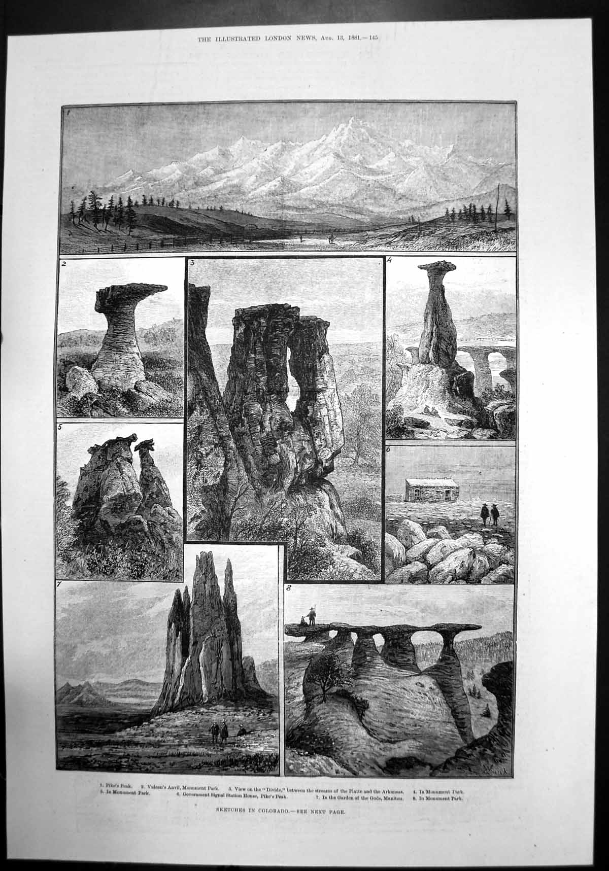 Old Print Sketches In Colorado Pikes Peak Vulcan Anvil Monument Park 1881 19th