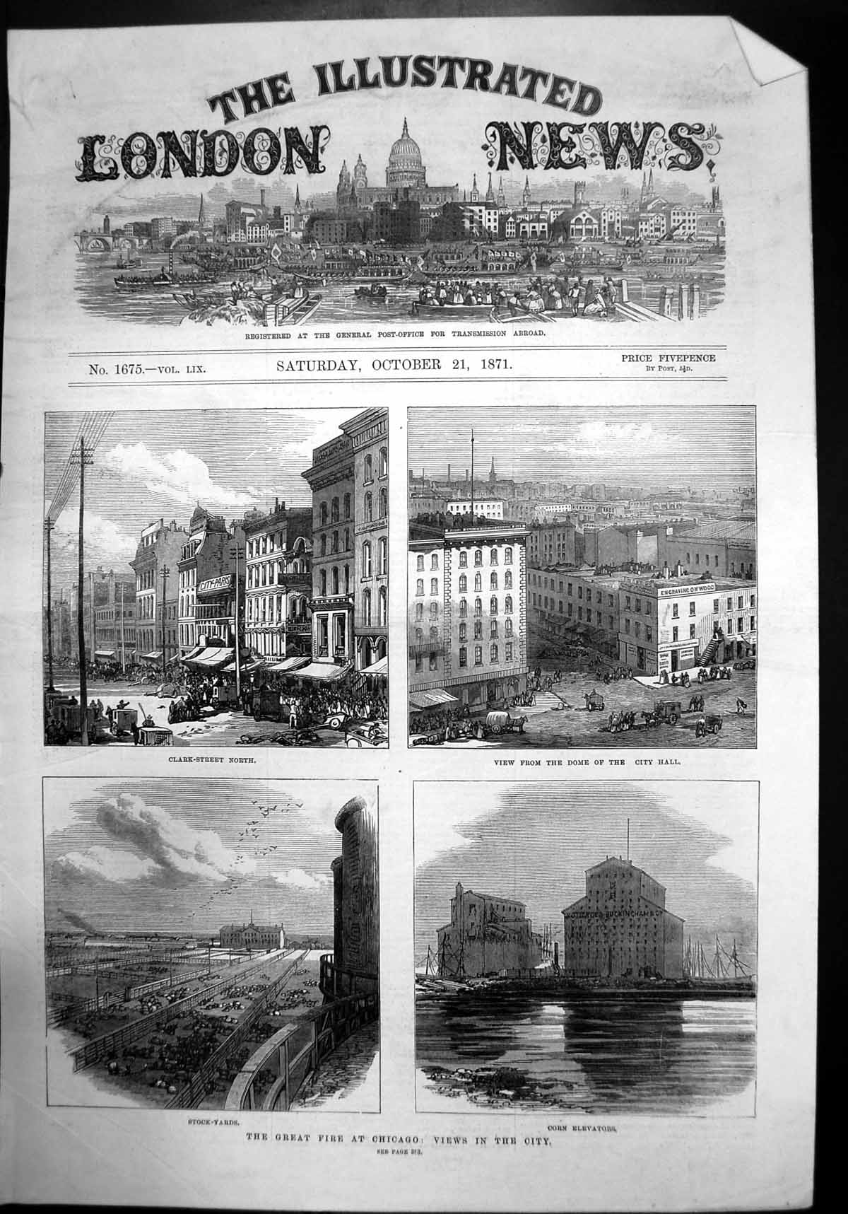 Old Print Great Fire Chicago Views Clark-Street North City Hall Corn 1871 19th