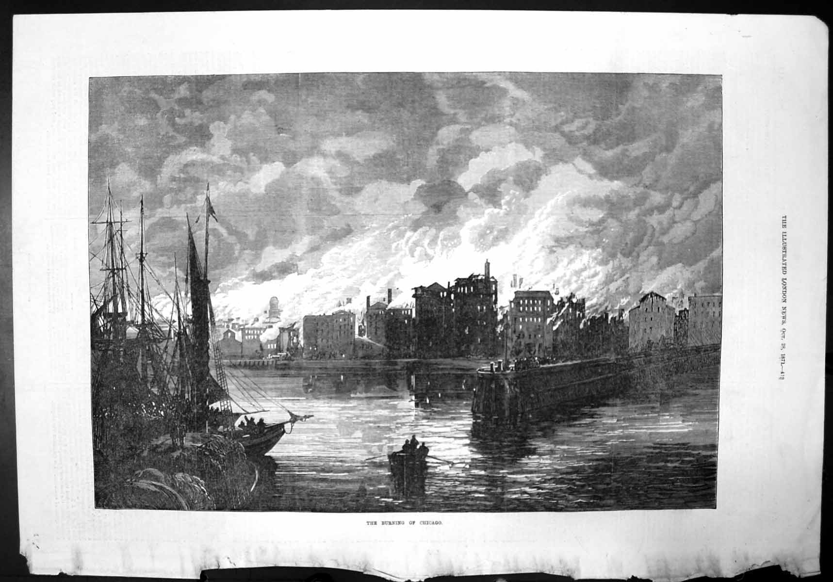 Antique Old Print The Burning Chicago River Sketch Boats Flames America 1871