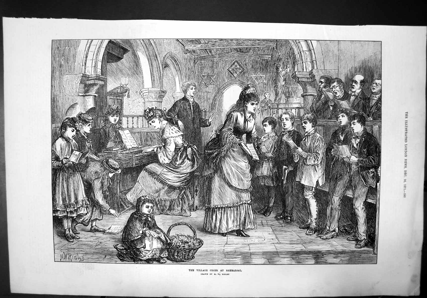 Old Print The Village Choir At Rehearsal By Mw Ridley Piano Singing 1871 19th