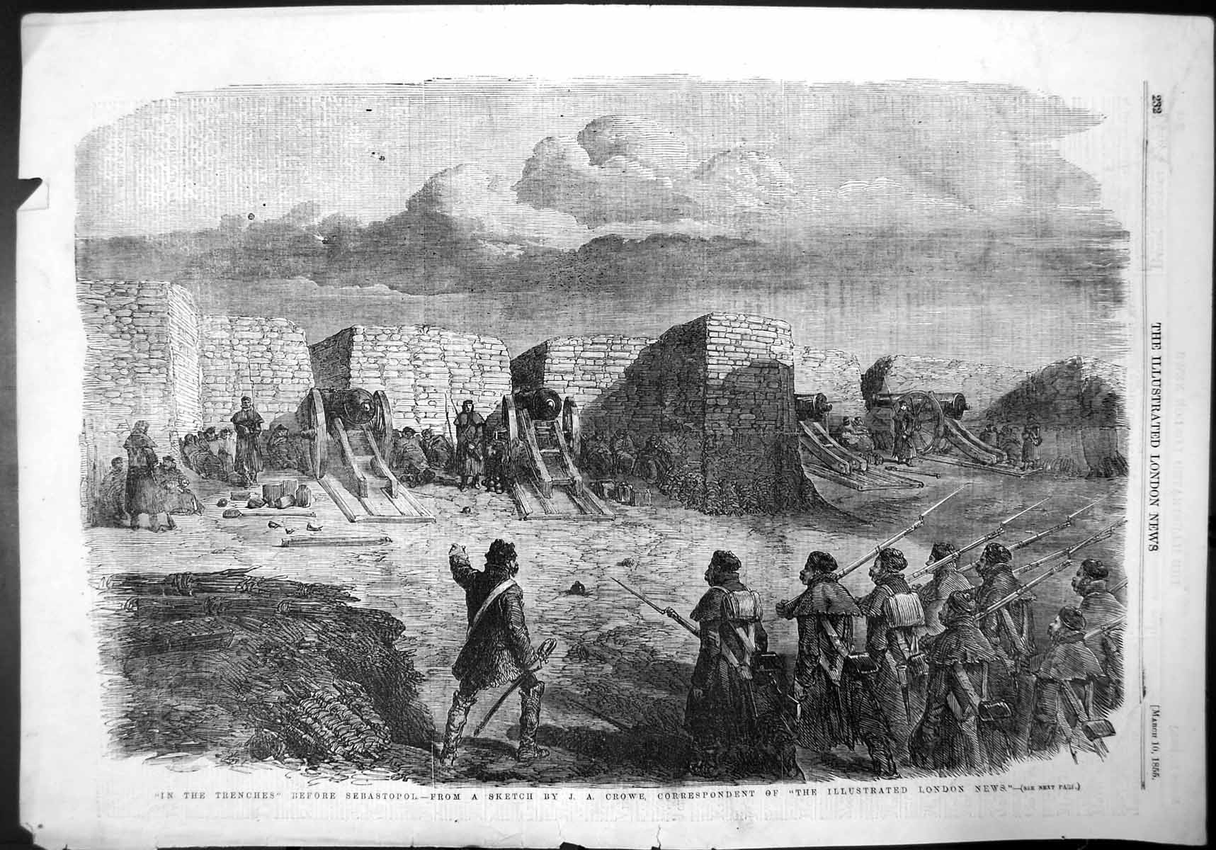 Old Print In The Trenches Before Sebastopol Sketch By Ja Crowe Canon 1855 19th