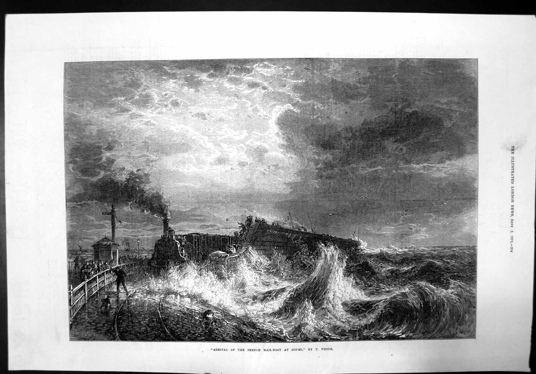 Antique Print Arrival French Mail Boat At Dover By T Weber Waves Train 1871