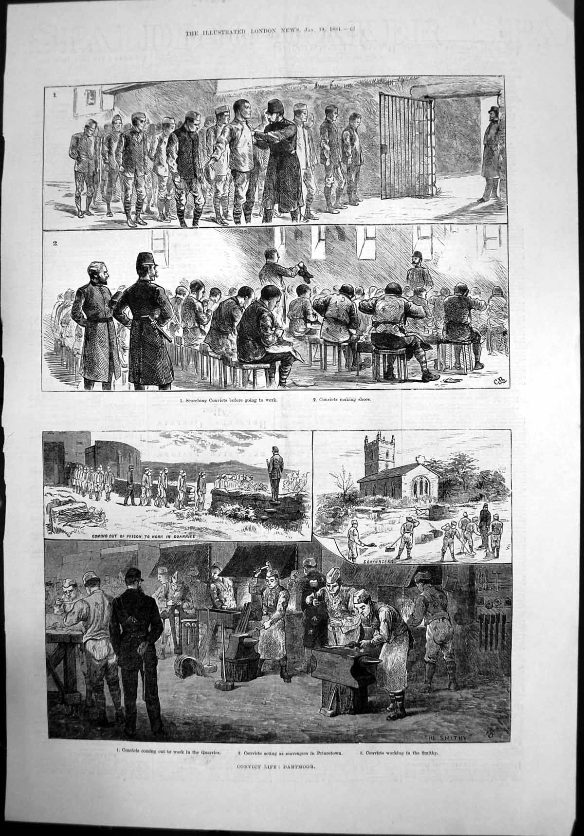 Old Print Convict Life Dartmoor Work Quarries Scavengers Princetown 1884 19th