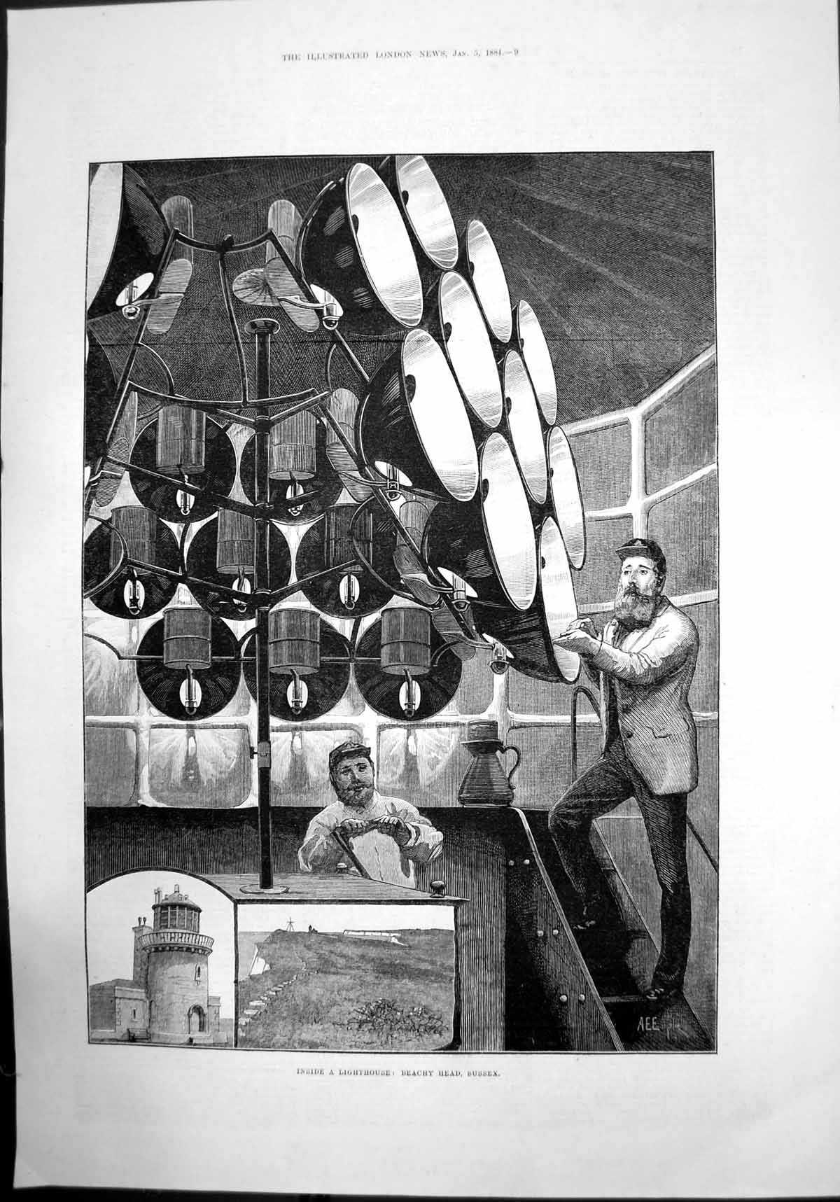 Antique Print Inside A Lighthouse Beachy Head Sussex 1884 Cliffs Sea Keeper