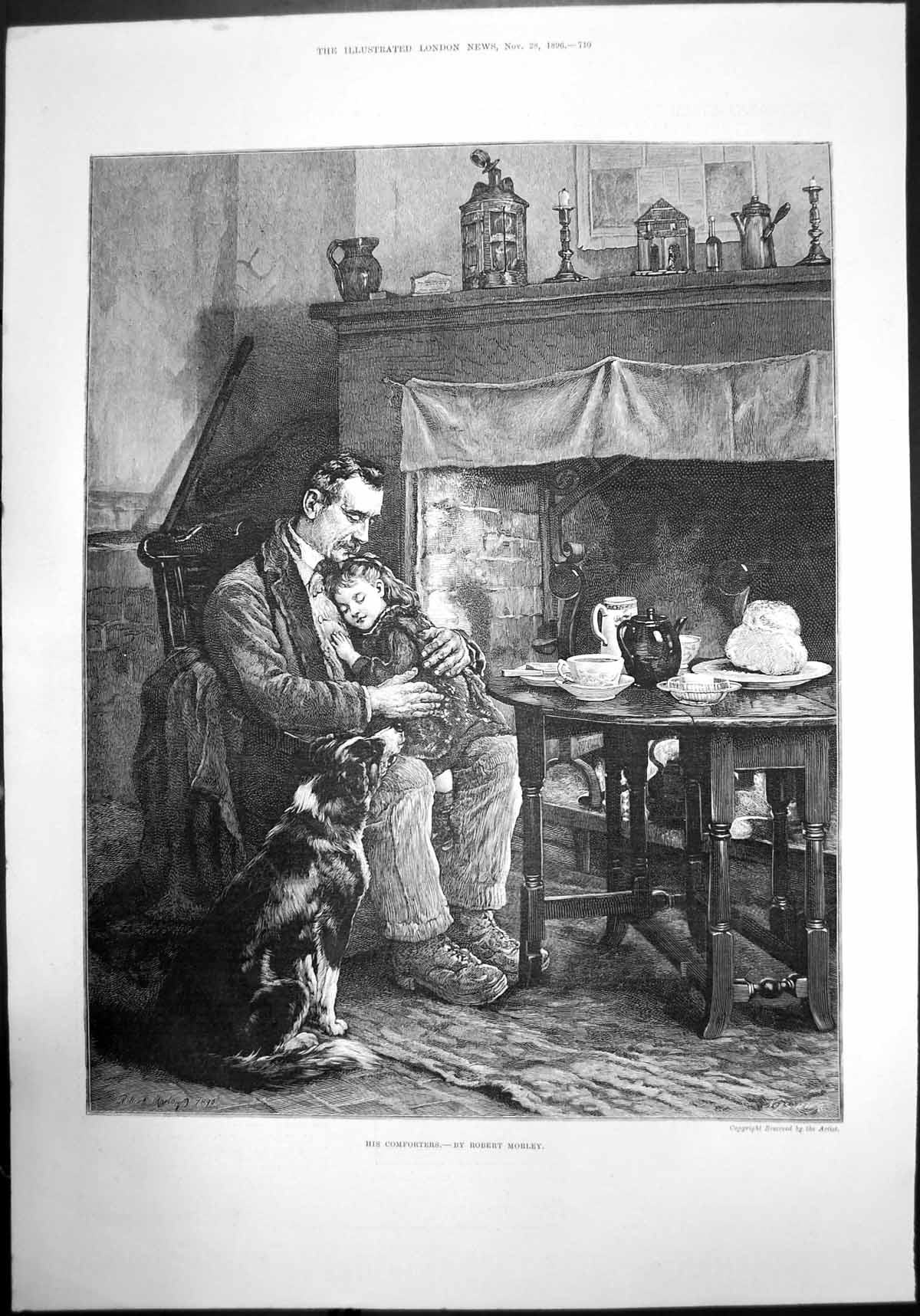 Old His Comforters By Robert Morley Fireplace Child Daughter Dog 1896 Victorian