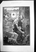 Antique Old Print The Harvest War Working Man Woman Garden Farm Flowers 1871