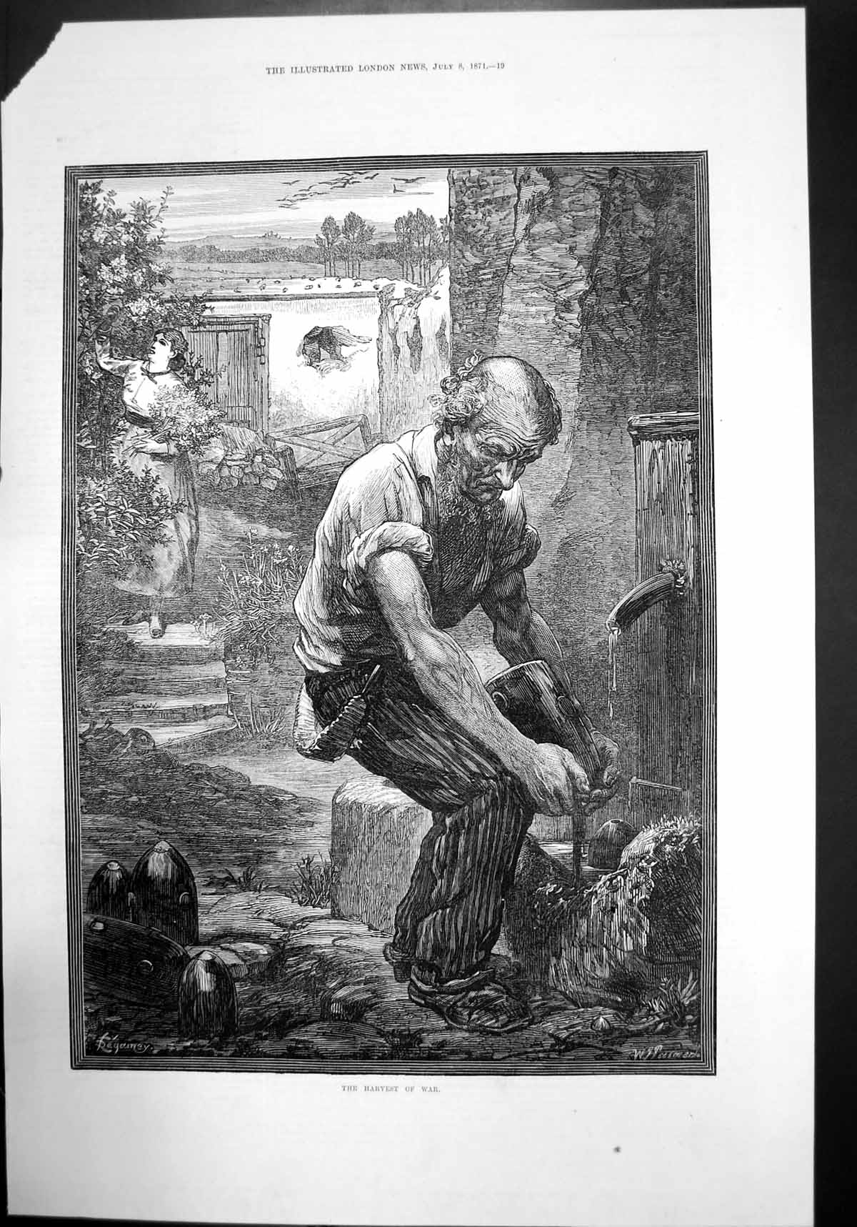 Antique Old Print The Harvest War Working Man Woman Garden Farm Flowers 1871