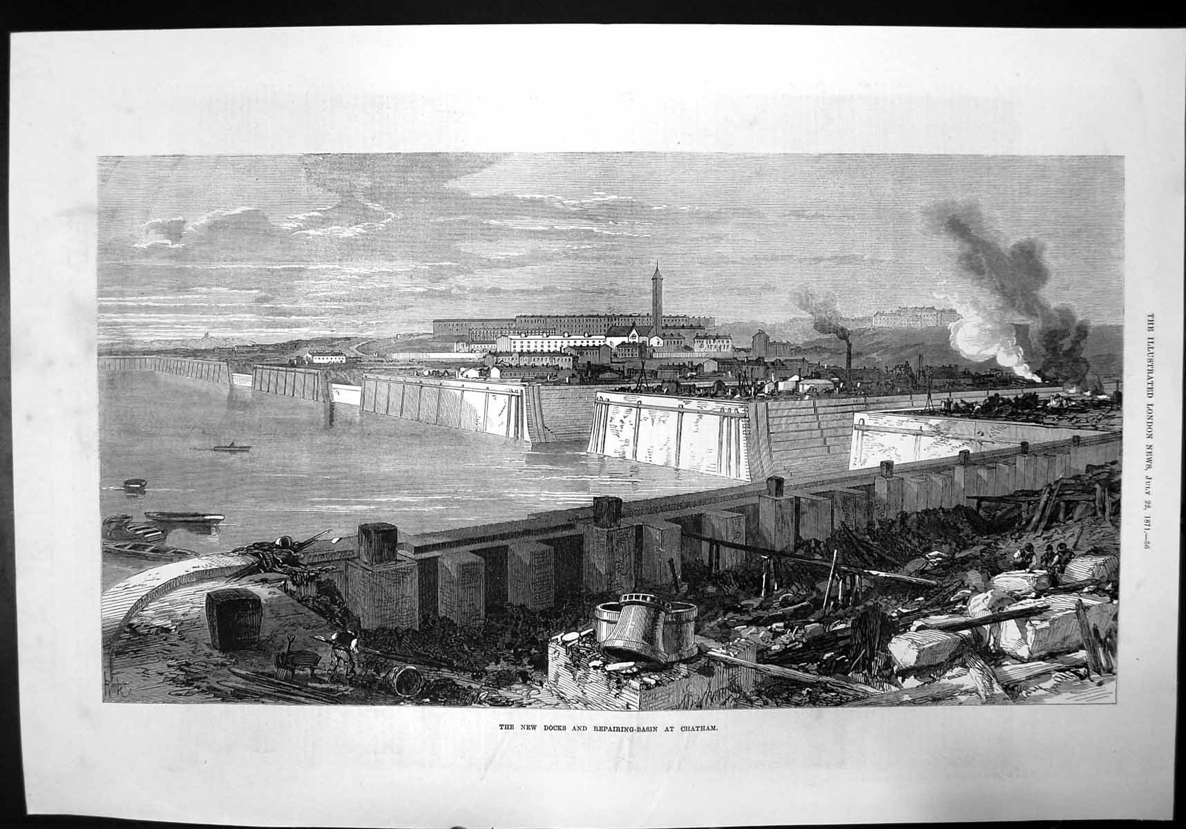 Old Antique Print The New Docks And Repairing-Basin At Chatham Sea 1871 19th