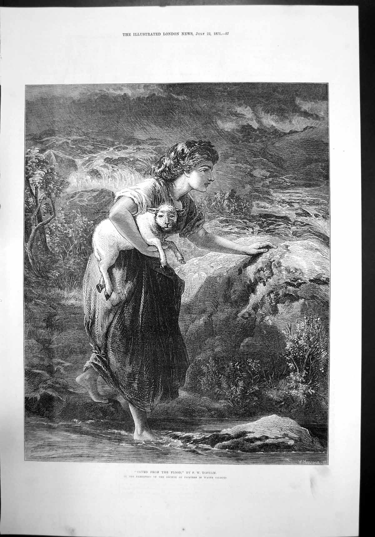 Old Print Saved From The Flood By Fw Topham Woman Sheep Lamb Stream 1871 19th