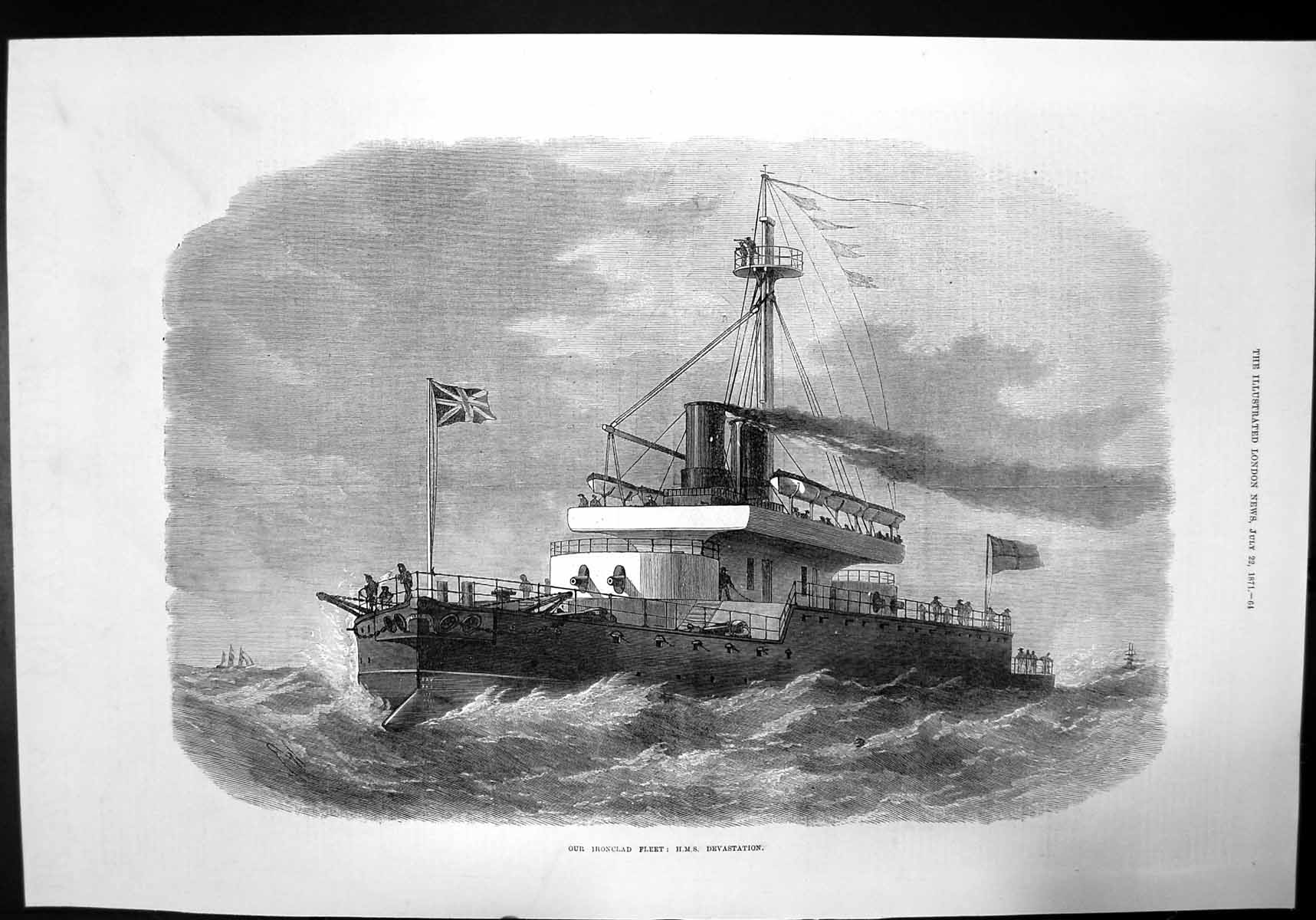 Old Ironclad Fleet Hms Devastation Union Flag Ship Waves Vessel 1871 Victorian