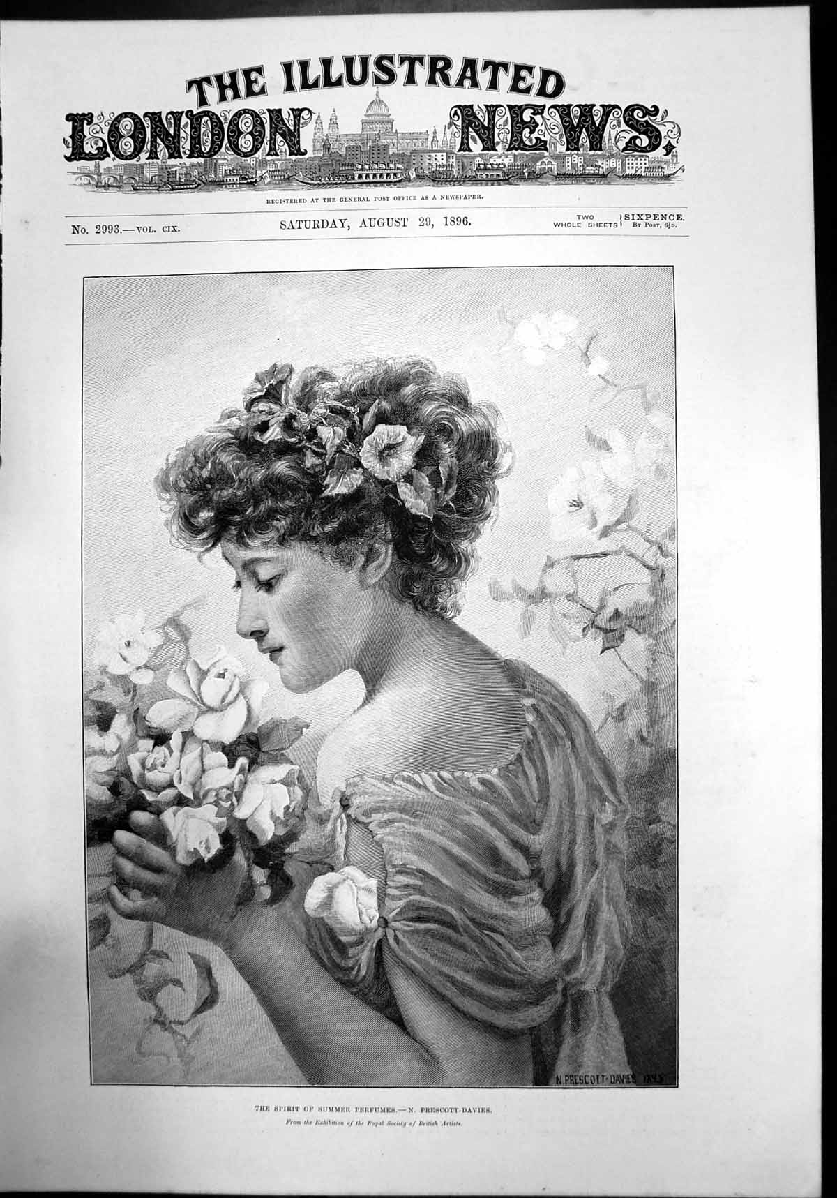Antique Old Print The Spirit Summer Perfumes N Prescott-Davies Portrait 1896