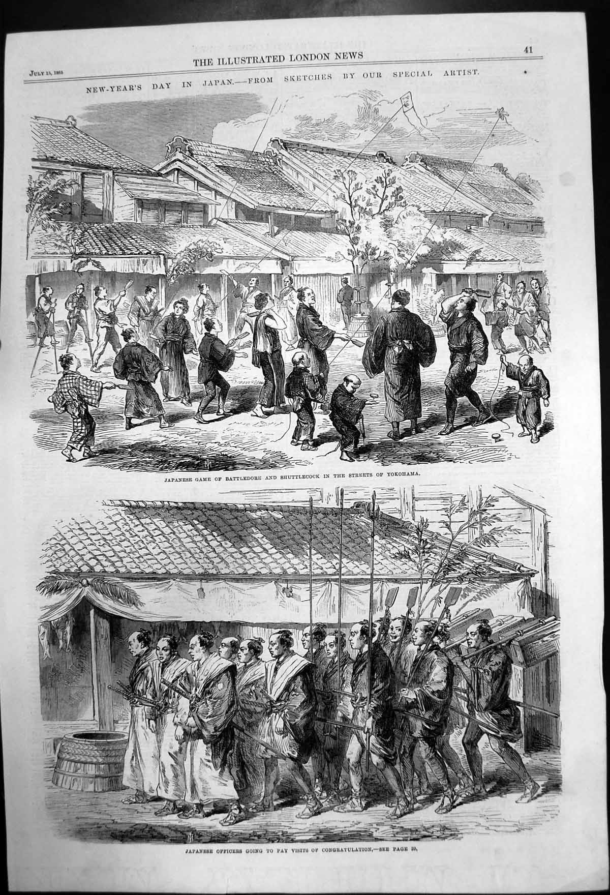 Original Old Antique Print New Years Day In Japan Special Artist 1866 Victorian