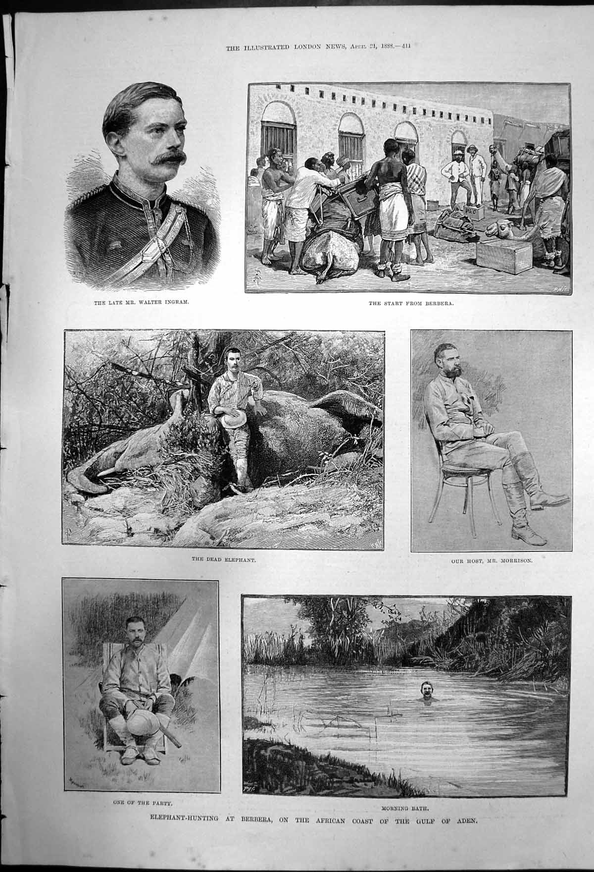 Original Old Antique Print Elephant Hunting At Berbera 1888 19th