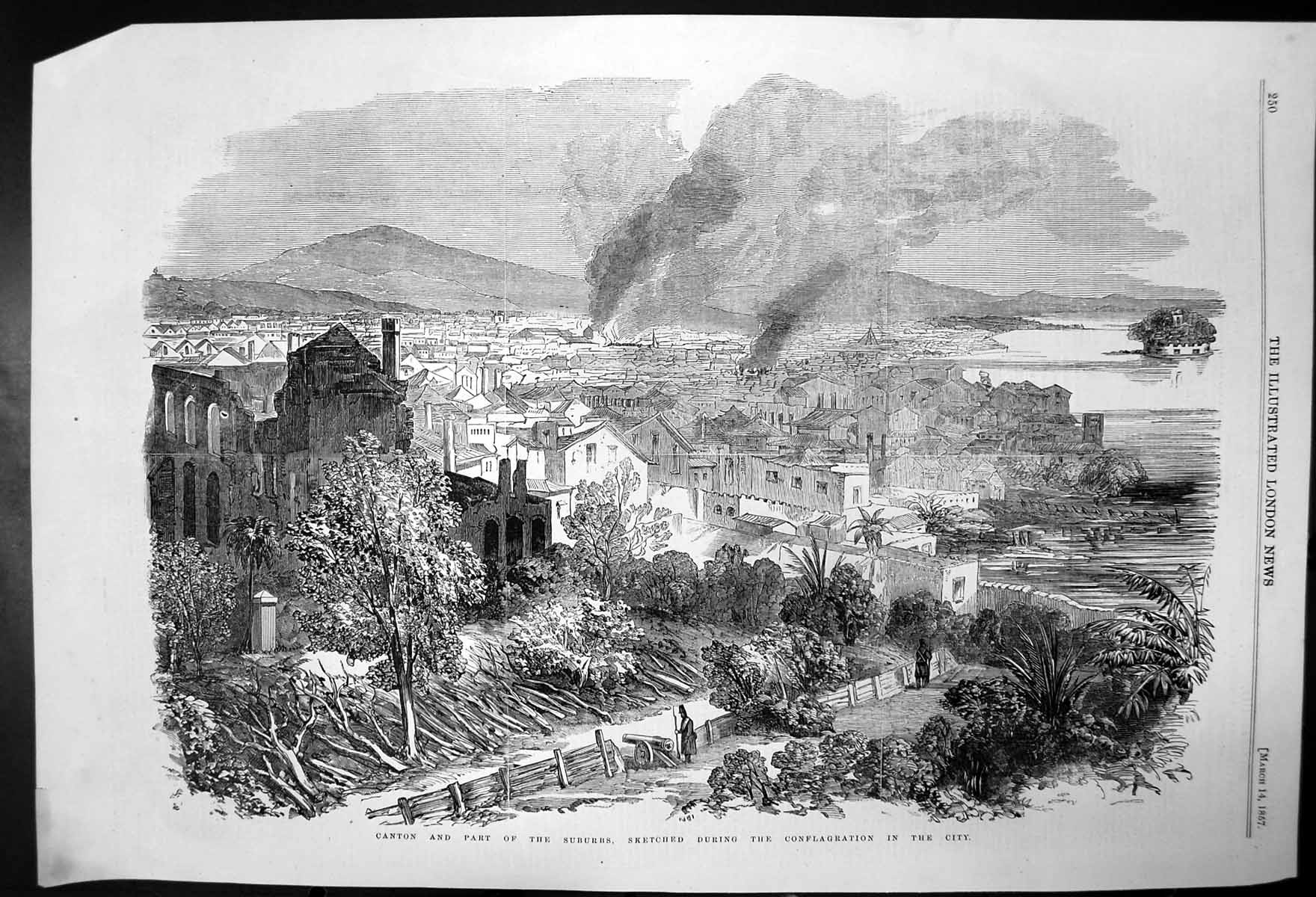 Original Old Antique Print Canton & Suburbs During Conflagration 1857 Victorian