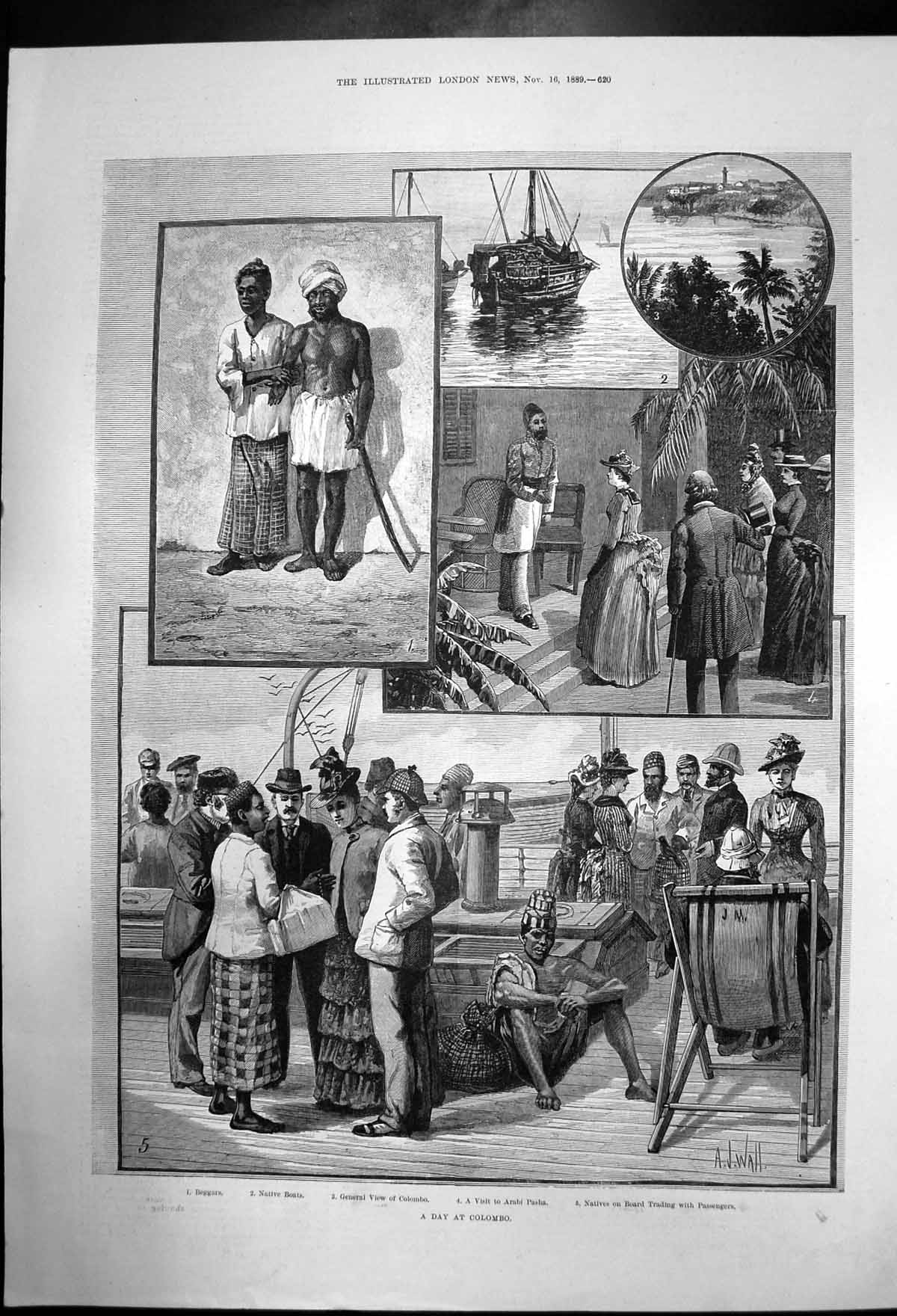 Original Old Antique Print A Day At Colombo Sketches Arabi Pasha1889 Victorian