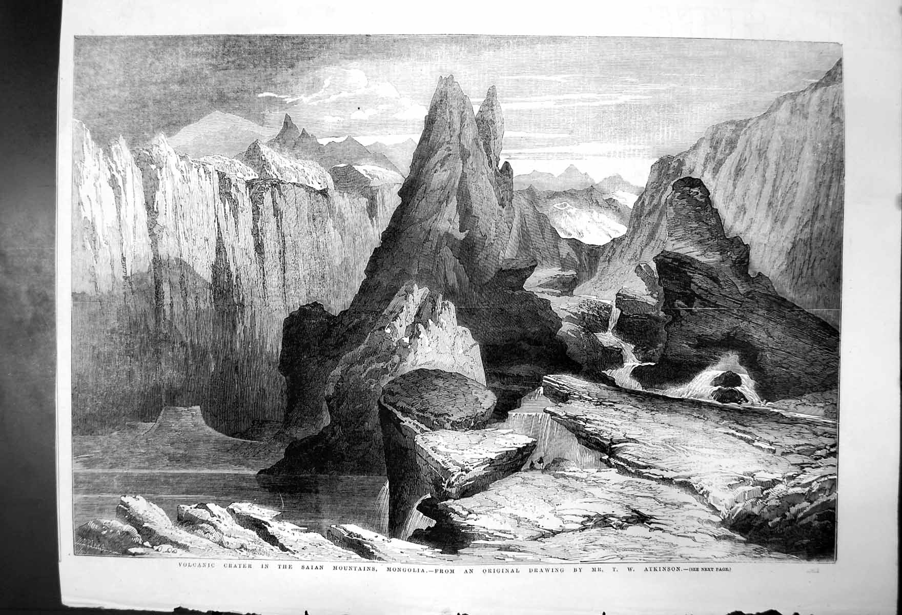 Original Old Antique Print Volcanic Crater In Mongolgia Tw Atkinson C1880 19th