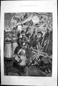 Original Old Antique Print Preparing For The Royal Jubilee Flags Lanterns 1887
