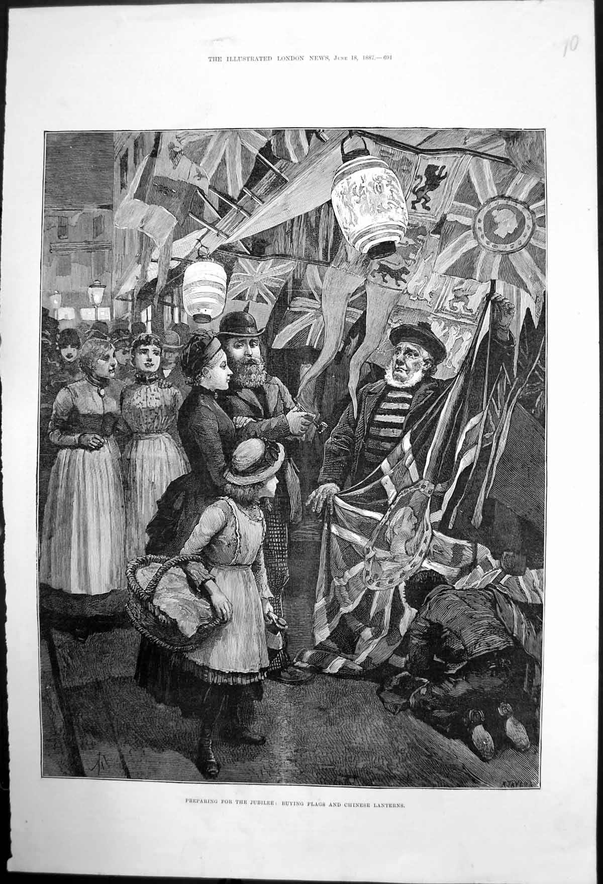 Original Old Antique Print Preparing For The Royal Jubilee Flags Lanterns 1887