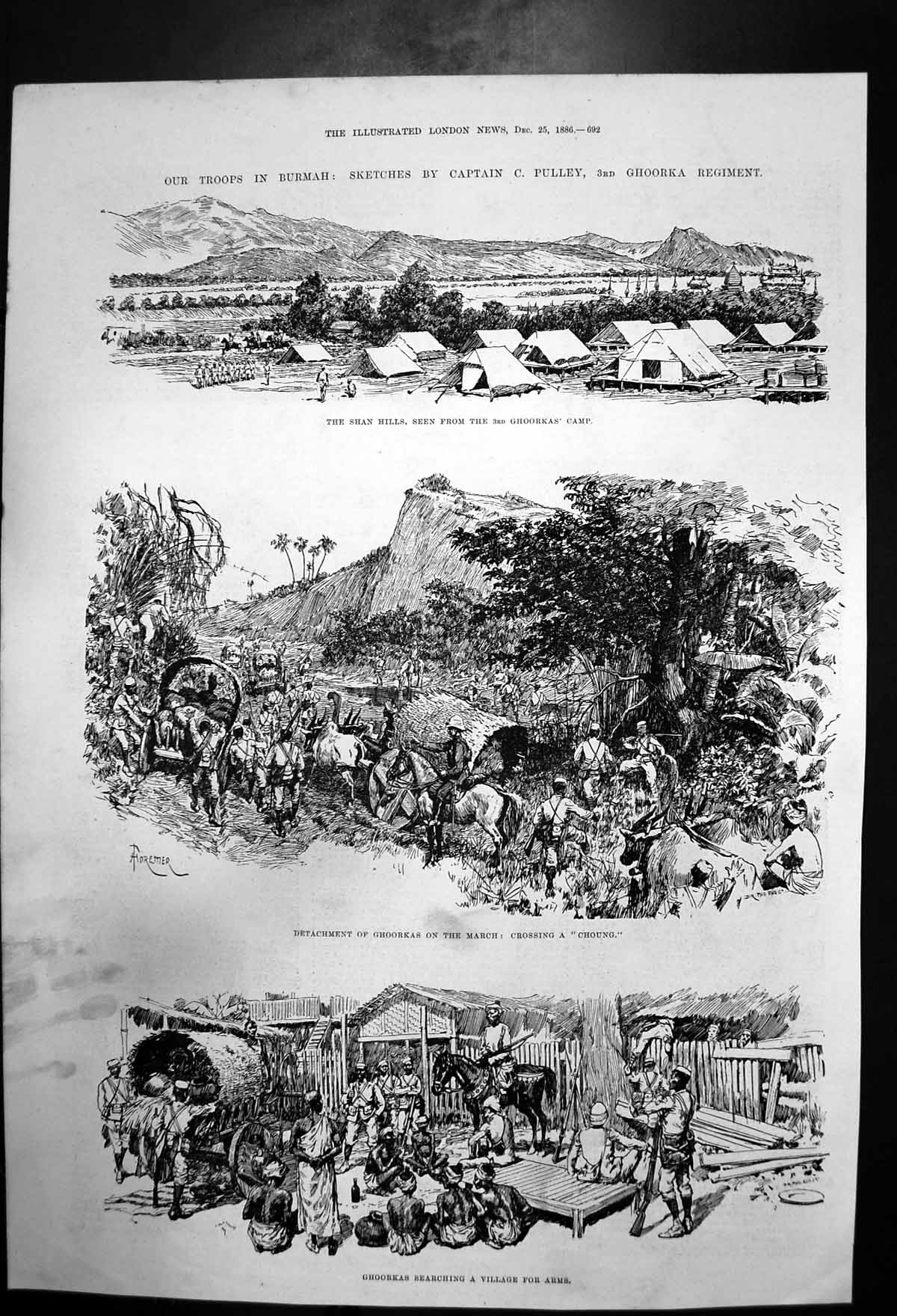 Original Old Antique Print Ghoorka Regiment Shan Hills Captain C Pulley 1886