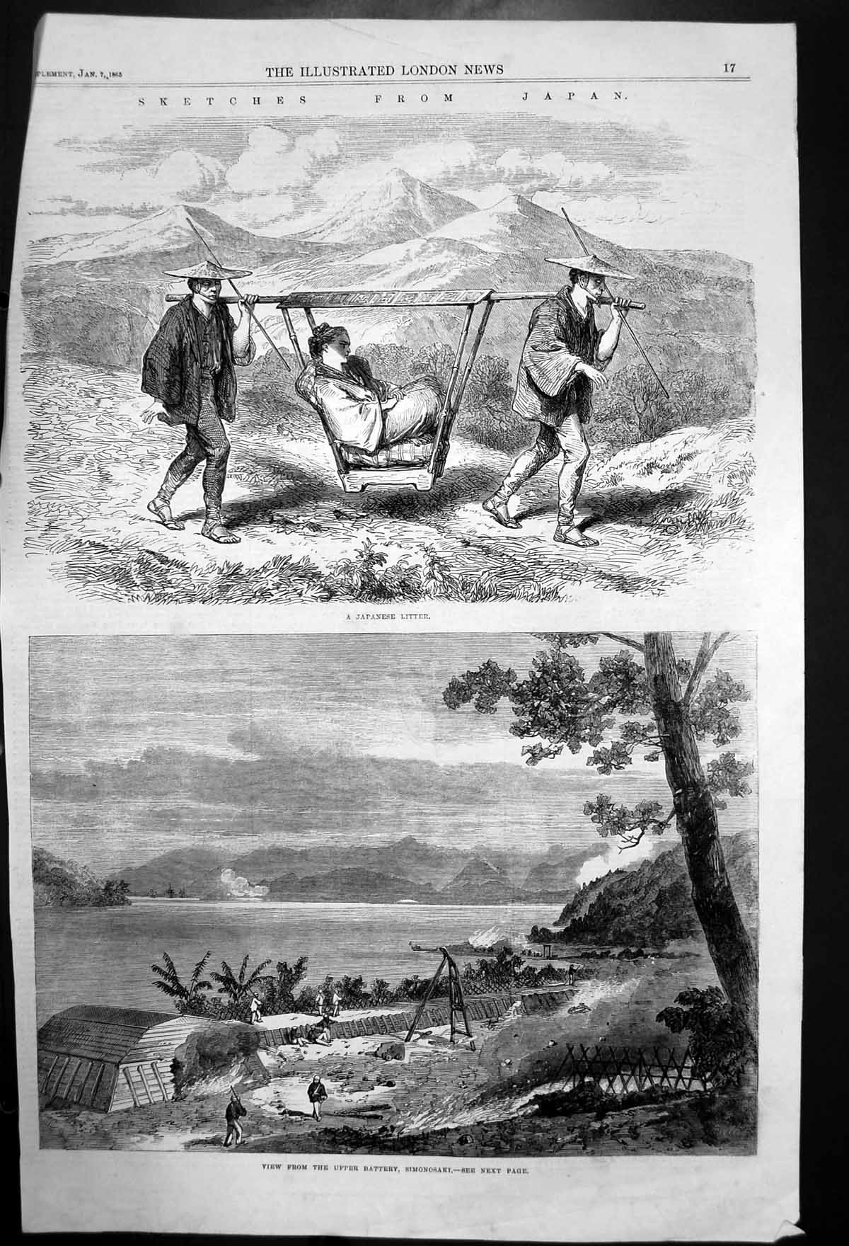 Old Antique Print Japanese Litter View From Upper Battery Simonosaki 1865 19th