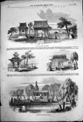 Original Old Antique Print Sketches Hakodade Temple Gateway Belfry Japan 1856