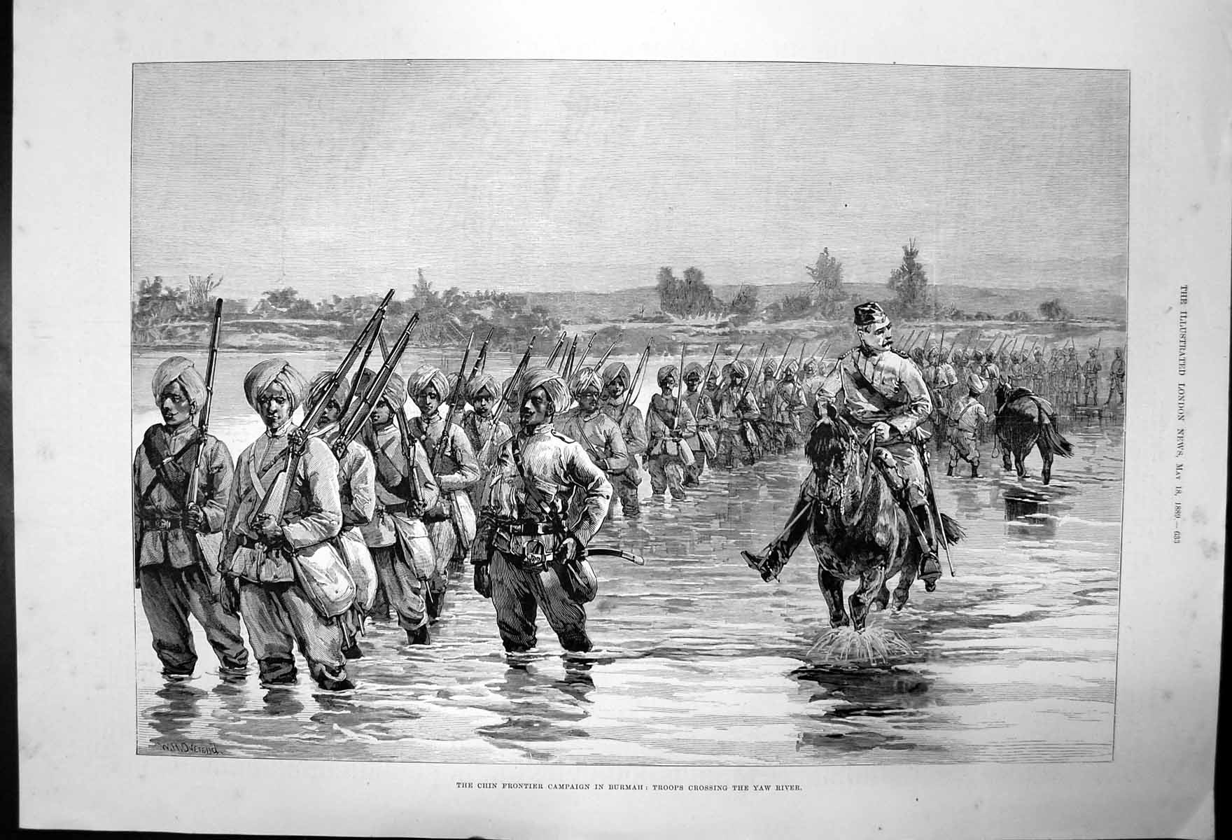 Original Old Antique Print Troops At Chin Frontier Campaign In Burmah 1889 19th