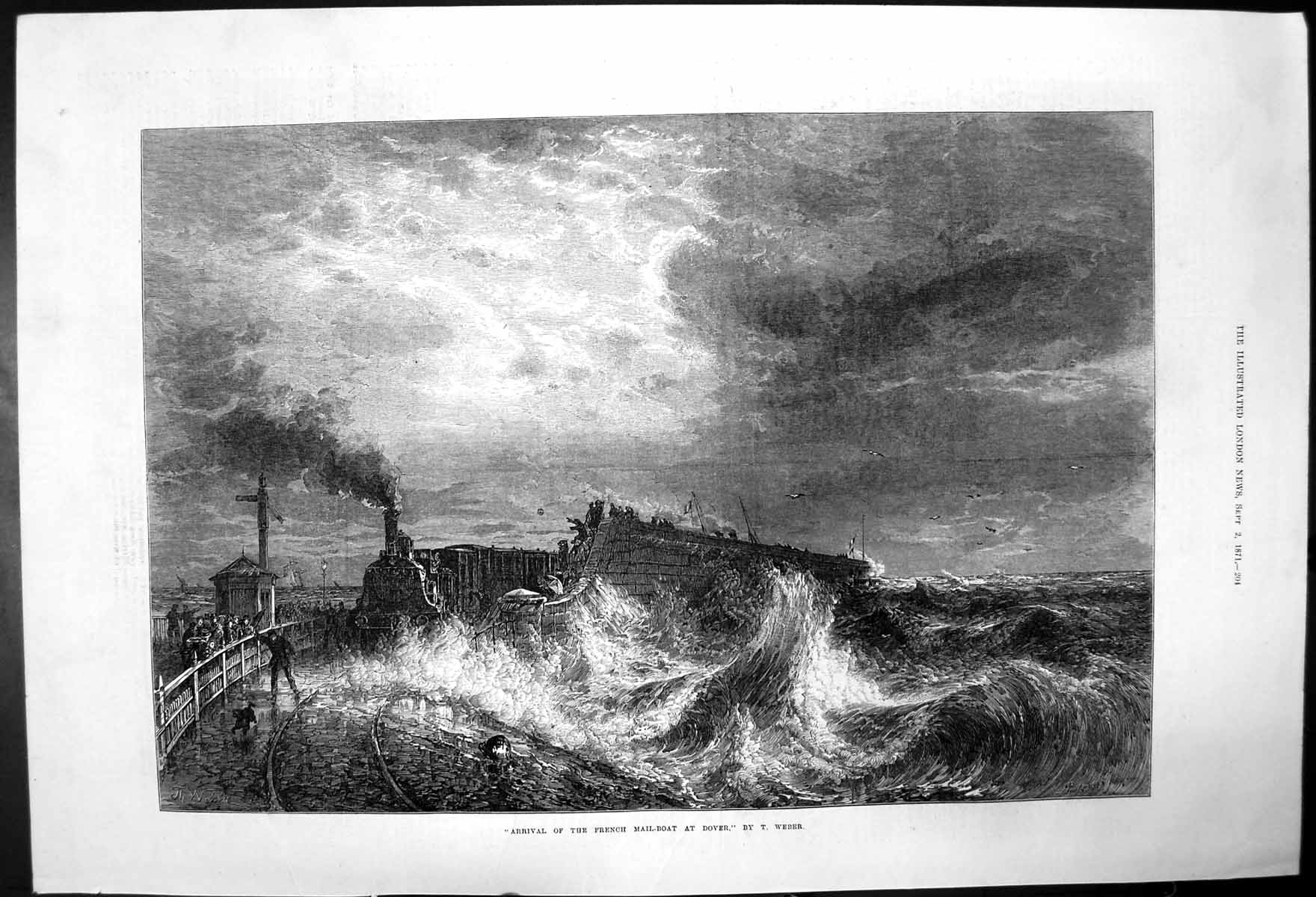 Original Old Antique Print French Mail-Boat At Dover Tweber 1871 19th