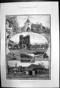 Original Old Antique Print Otford Church Smithy Archbishop Warehams Kent 1885