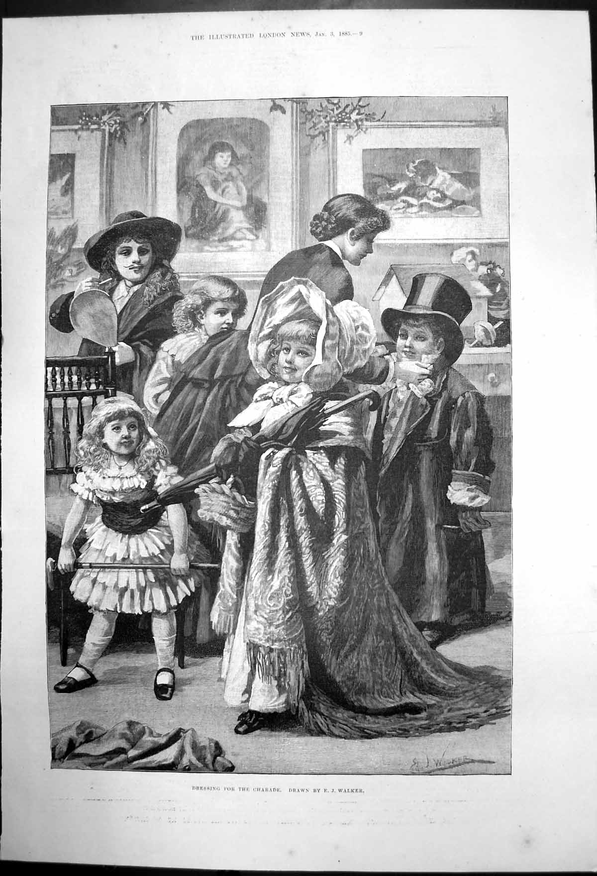 Original Old Antique Print Children Dressing For The Charade By Ejwalker 1885