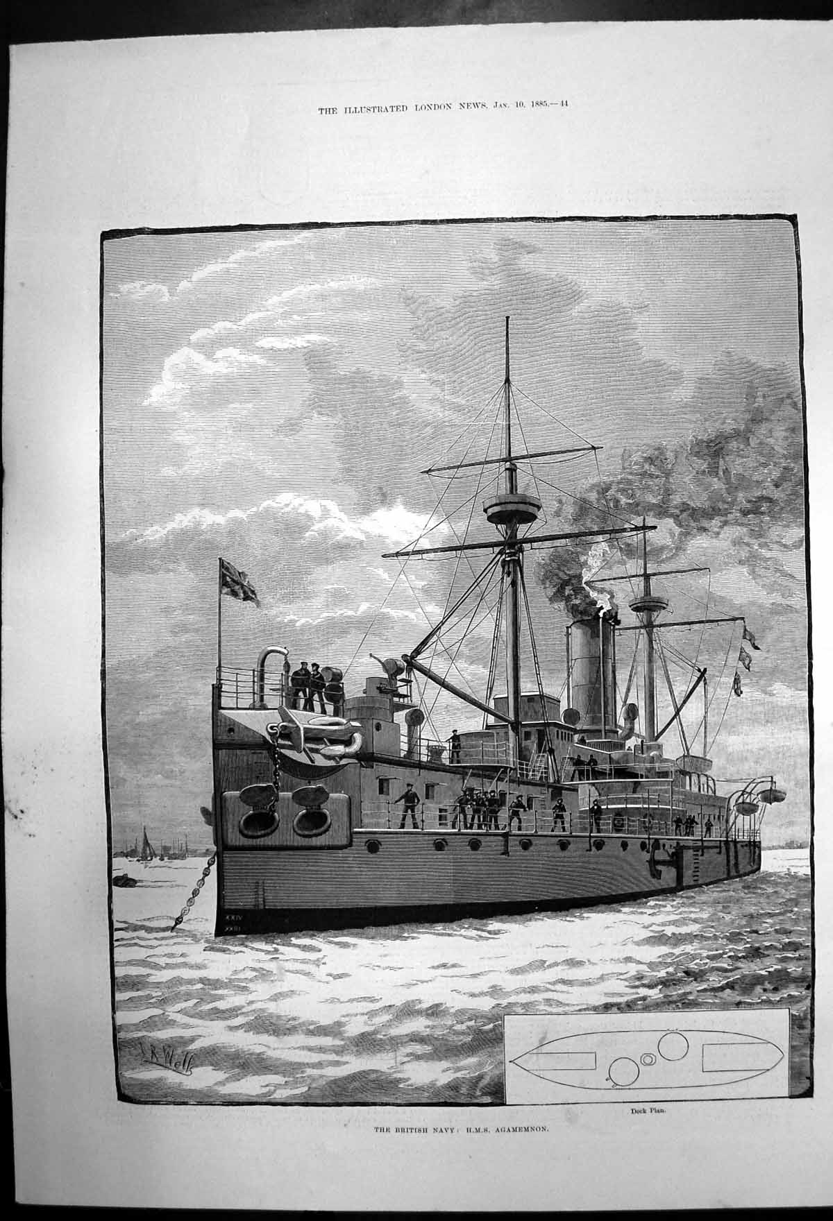 Original Old Antique Print The British Navy Hms Agamemnon 1885 19th