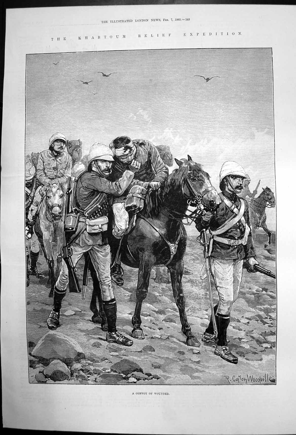 Original Old Antique Print Khartoum Relief Expedition Wounded Siers Convoy 1885
