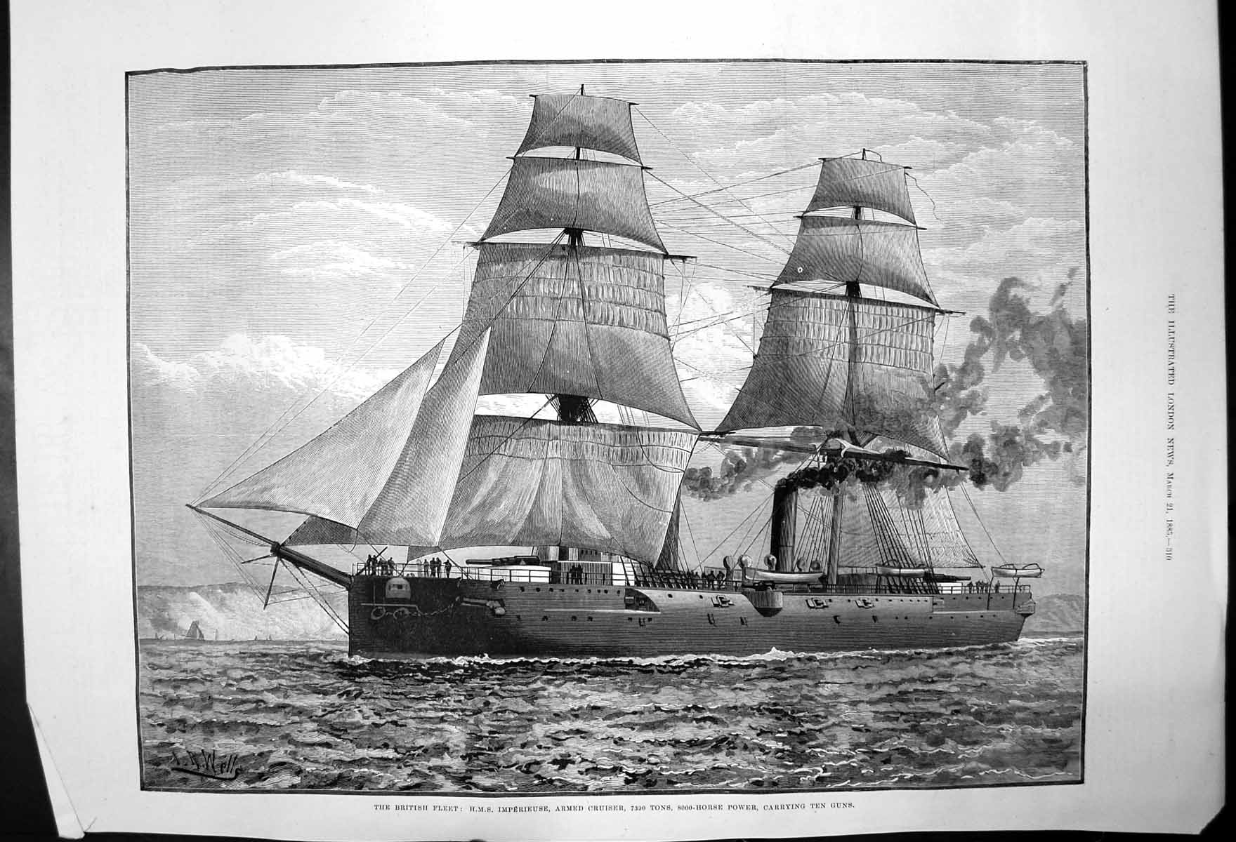Antique Old Print British Fleet Hmsimperieuse Armed Cruiser 7390 Tons 1885