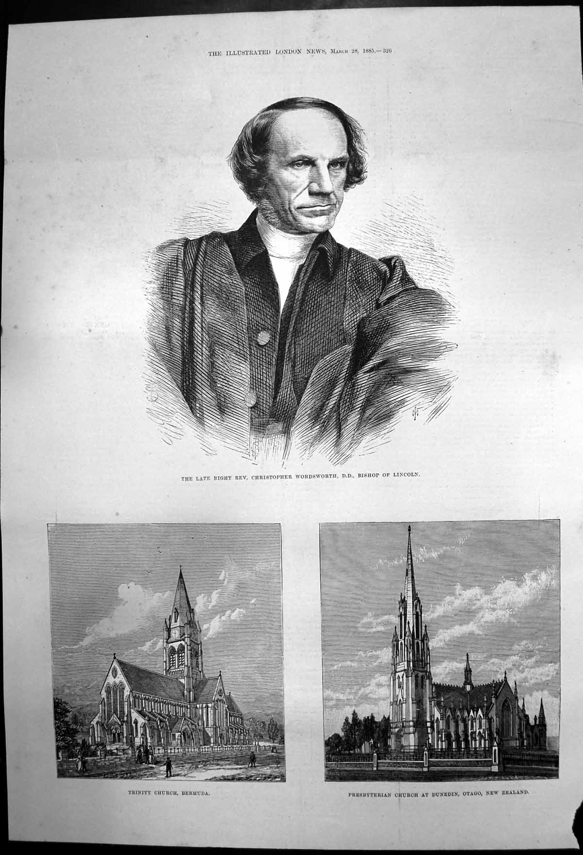 Antique Old Print Trinity Church Bermuda Church Otago Rev C Wordsworth 1885