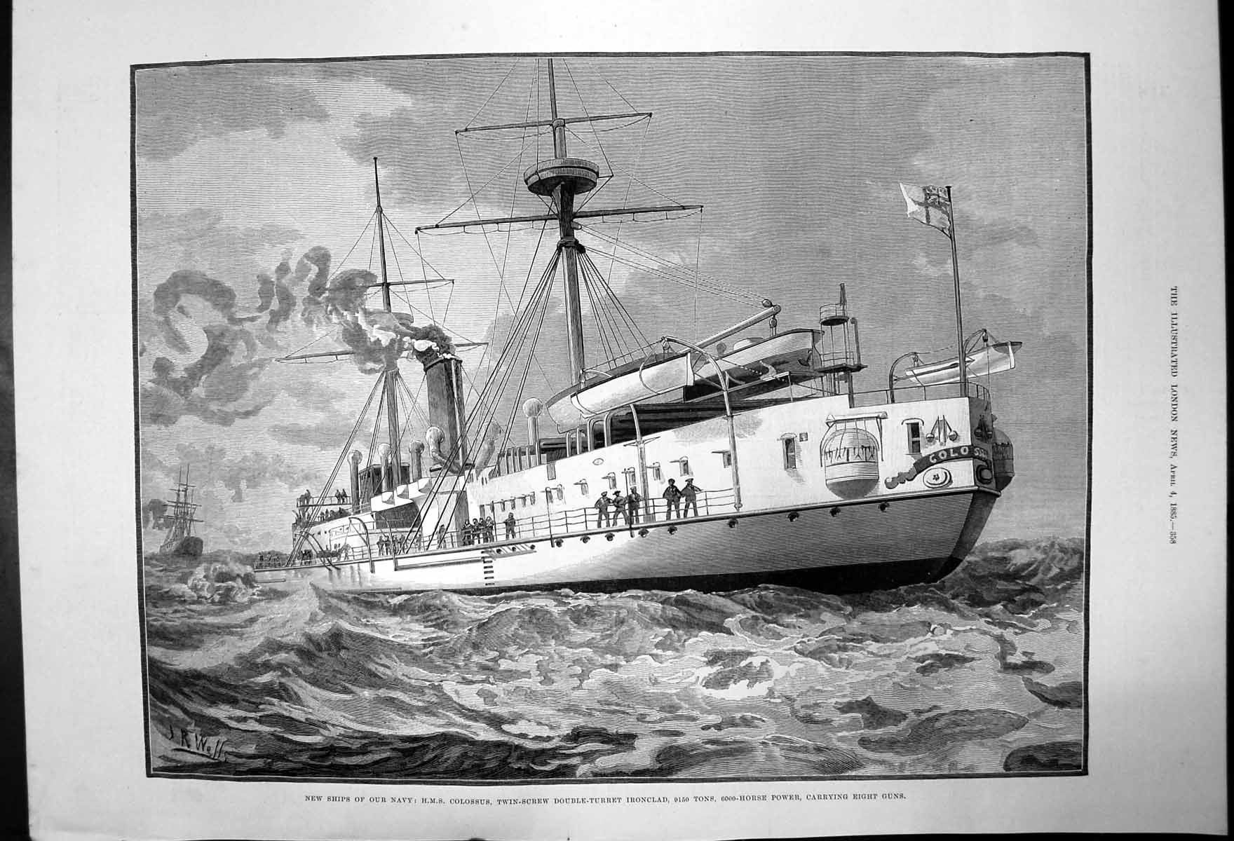 Original Old Antique Print New Navy Ship Hmscolossus 9150Tons6000Hp8Guns 1885