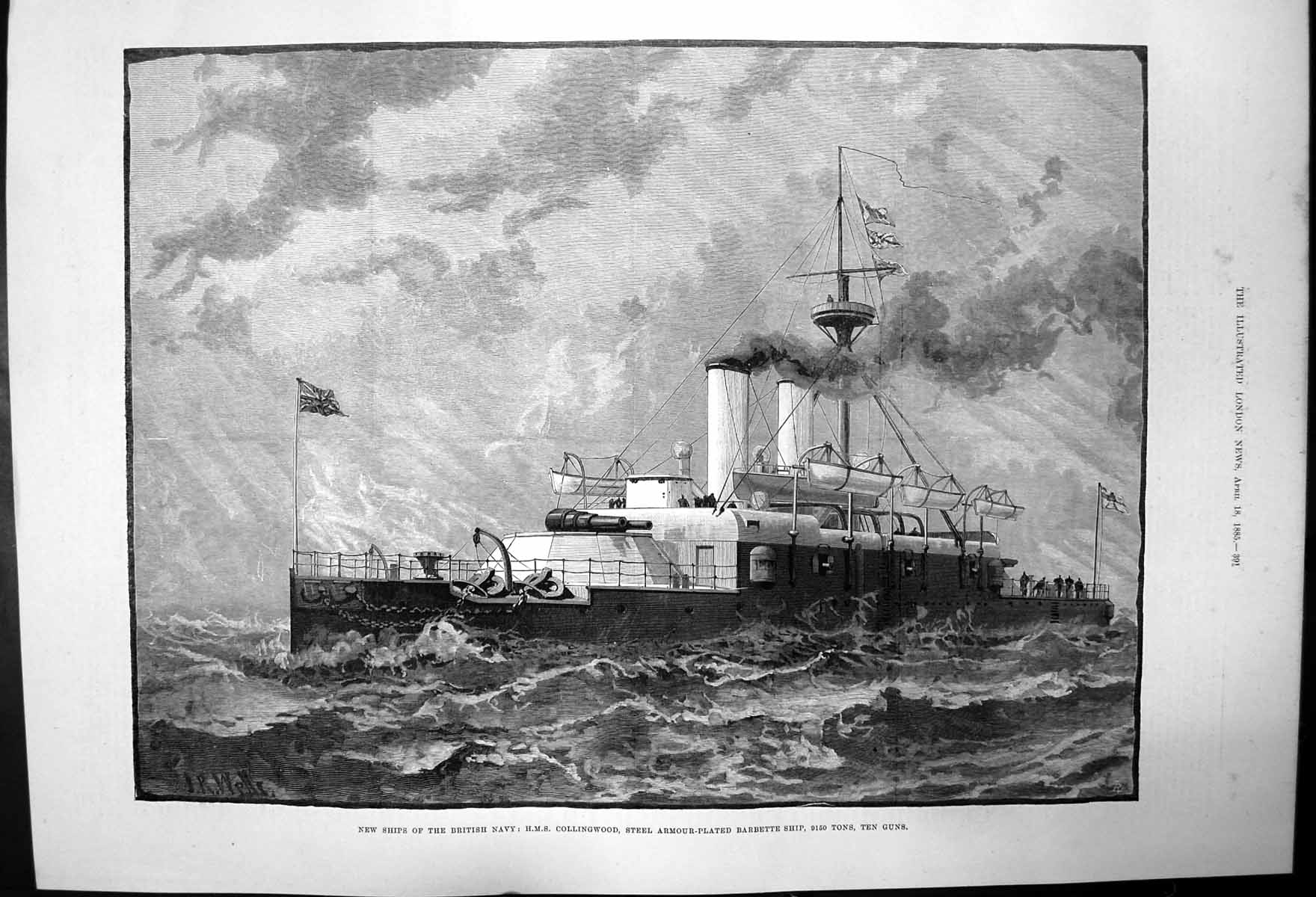 Original Old Antique Print New Navy Ship Hms Collingwood 9150Tons10 Guns 1885