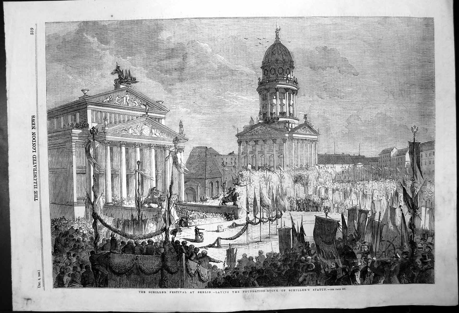 Antique Old Print Laying Foundation Stone Schiller'S Statue At Berlin 1859 19th