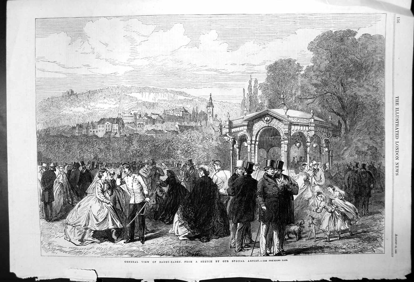 Antique Old Print Gathering People Baden-Baden Germany Special Artist 1865 19th