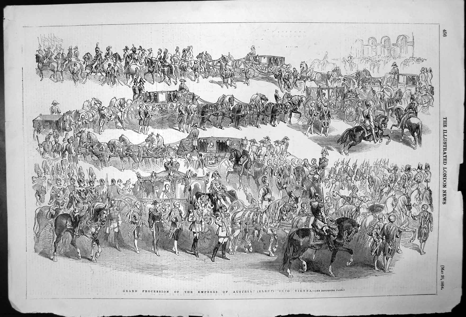 Original Old Antique Print Grand Procession Empress Austria Into Vienna 1854
