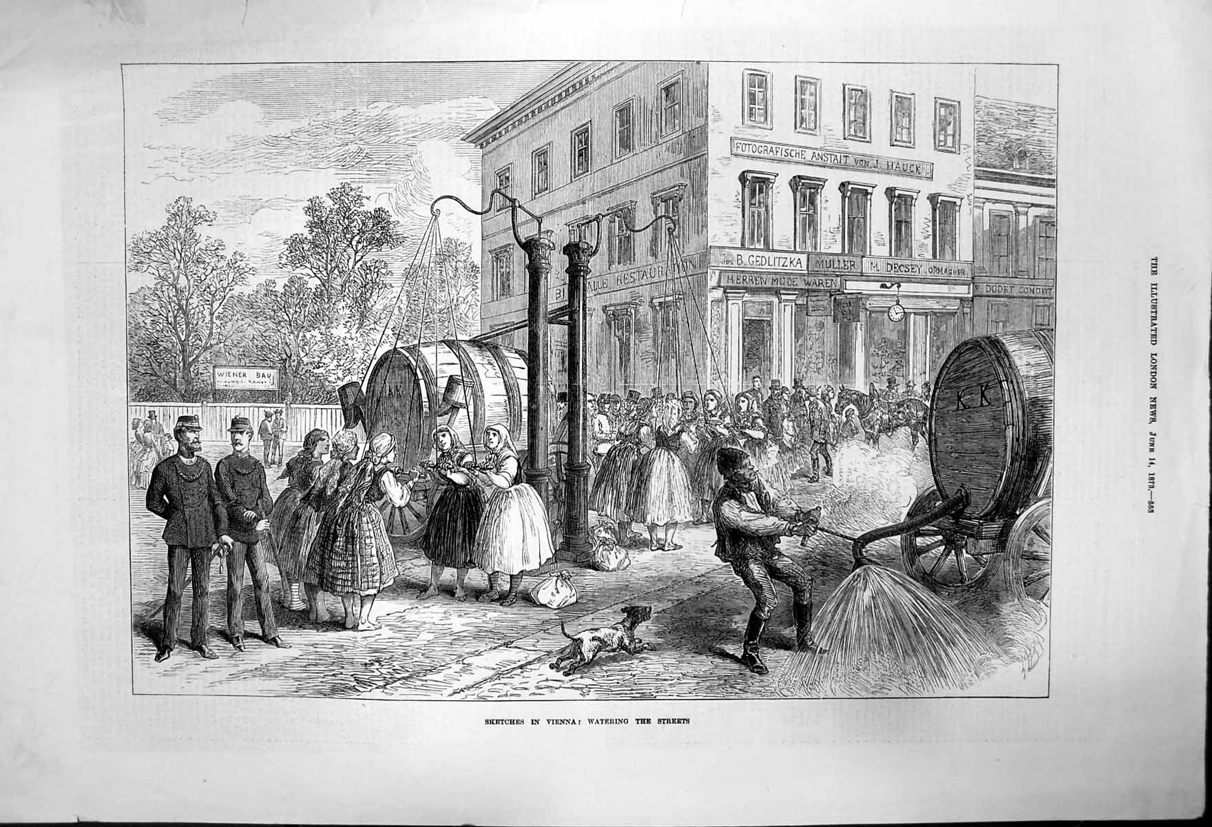 Original Old Antique Print Sketches In Vienna; Watering The Streets 1873 19th
